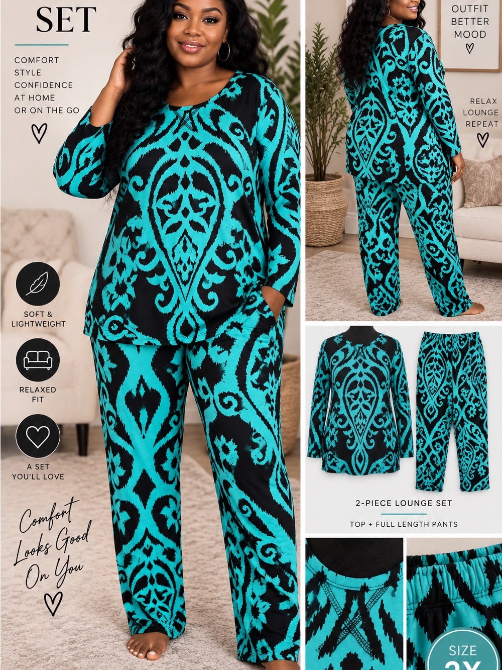 Women’s Turquoise & Black Lounge Pants Set - 2-Piece Cozy Jumpsuit Alternative